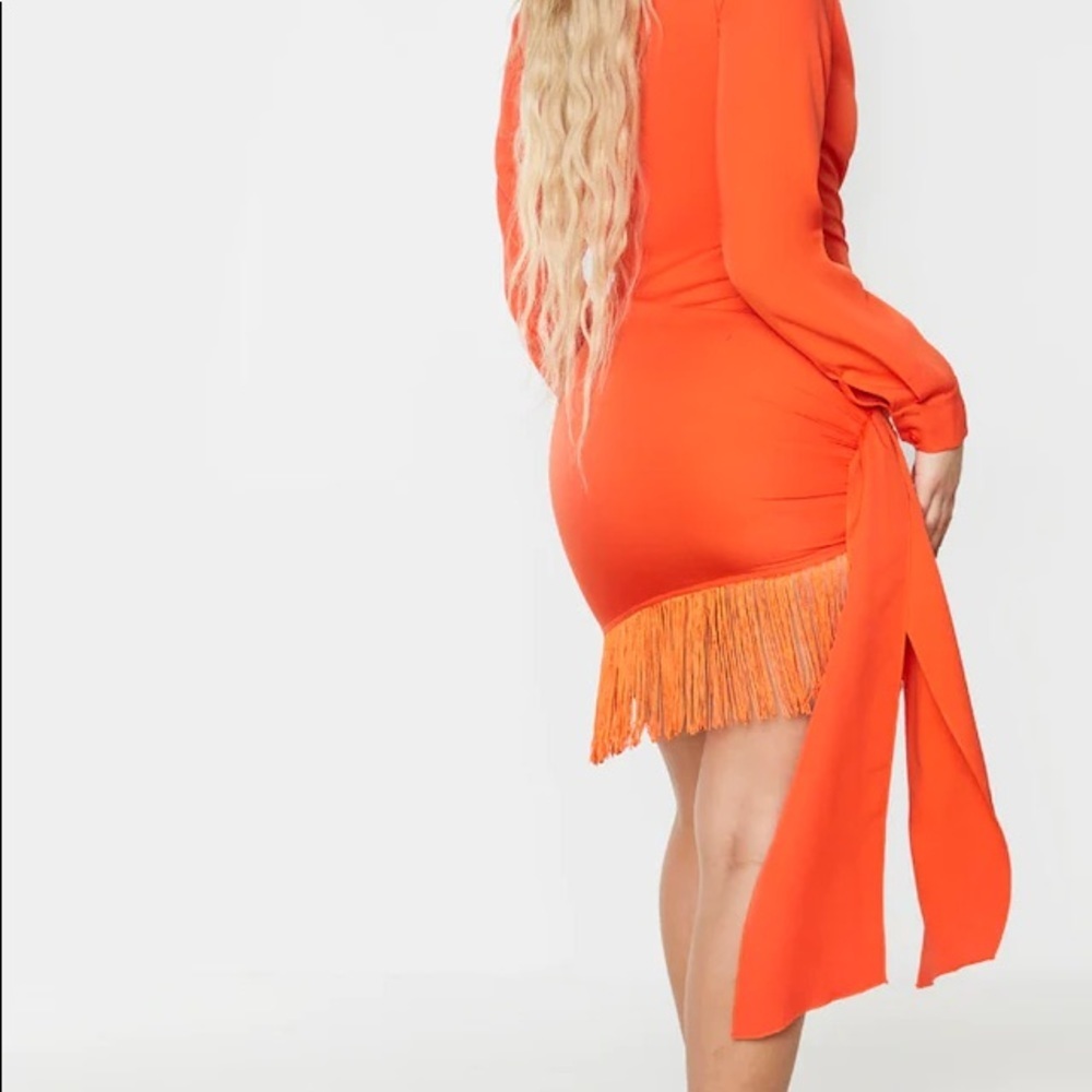 PLT prettylittlething bright orange fringe tassel shirt long sleeve dress - Picture 2 of 6